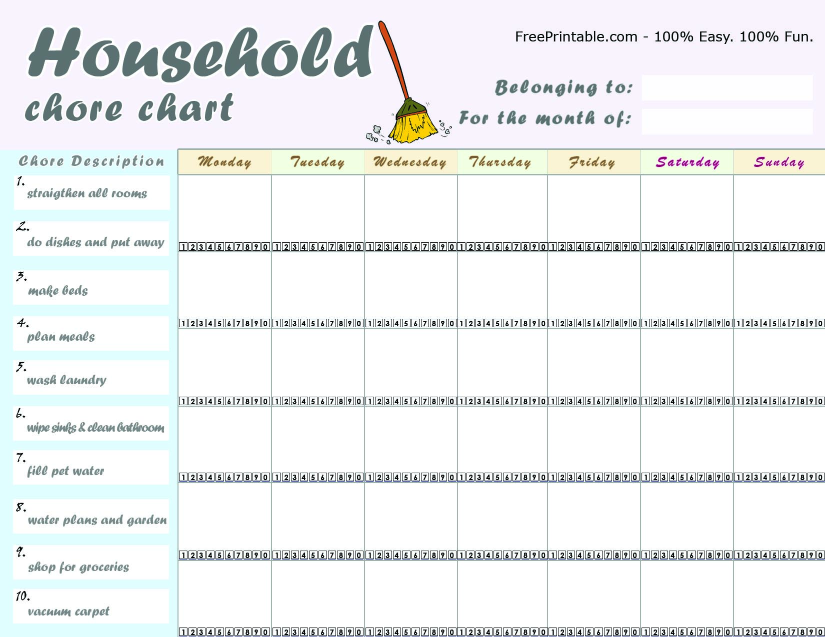 Example Of Household Chore List