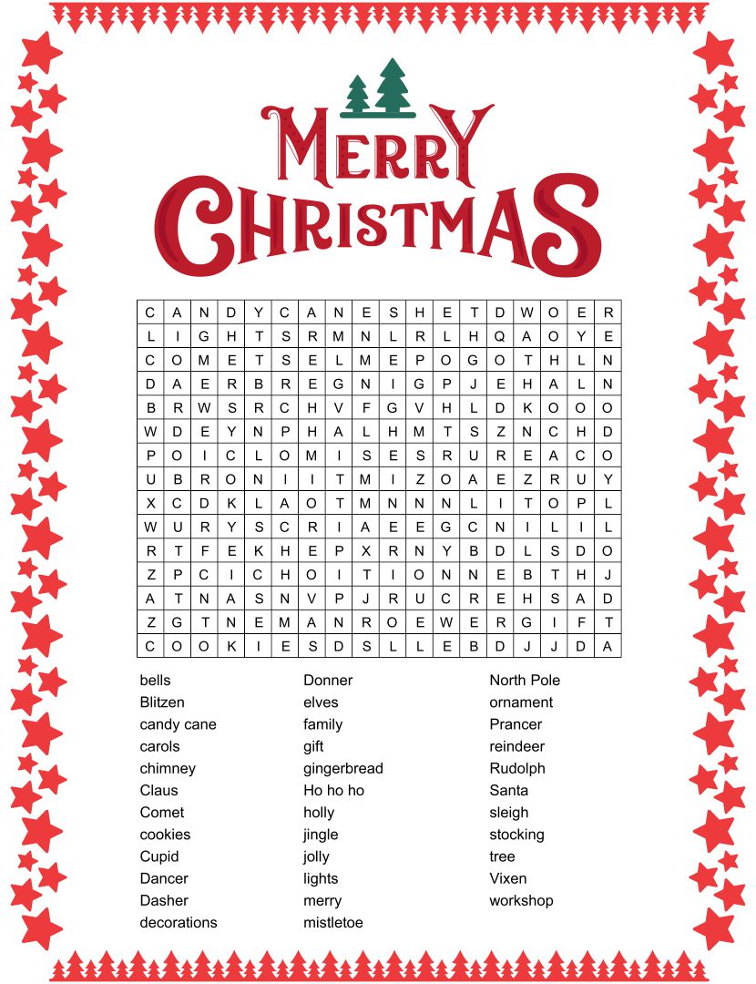 A crossword puzzle with Christmas-related words like &lsquo;ornament&rsquo;, &lsquo;carol&rsquo;, and &rsquo;elf&rsquo;