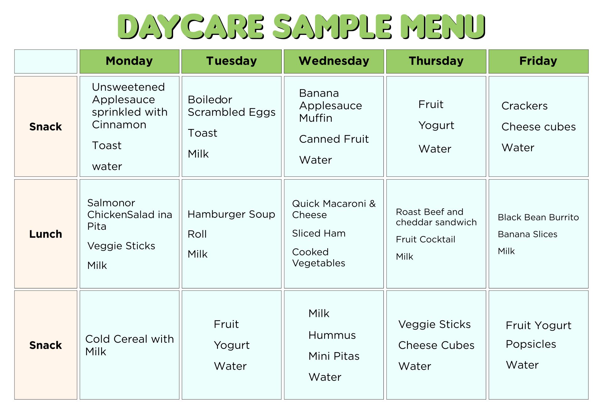 Daycare Menu Templates