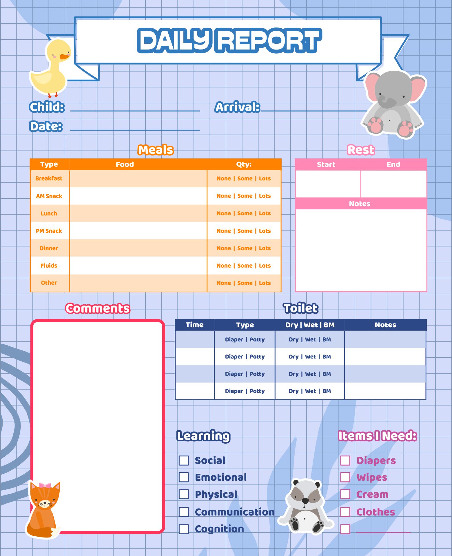 Daily Activity Sheet For Daycare