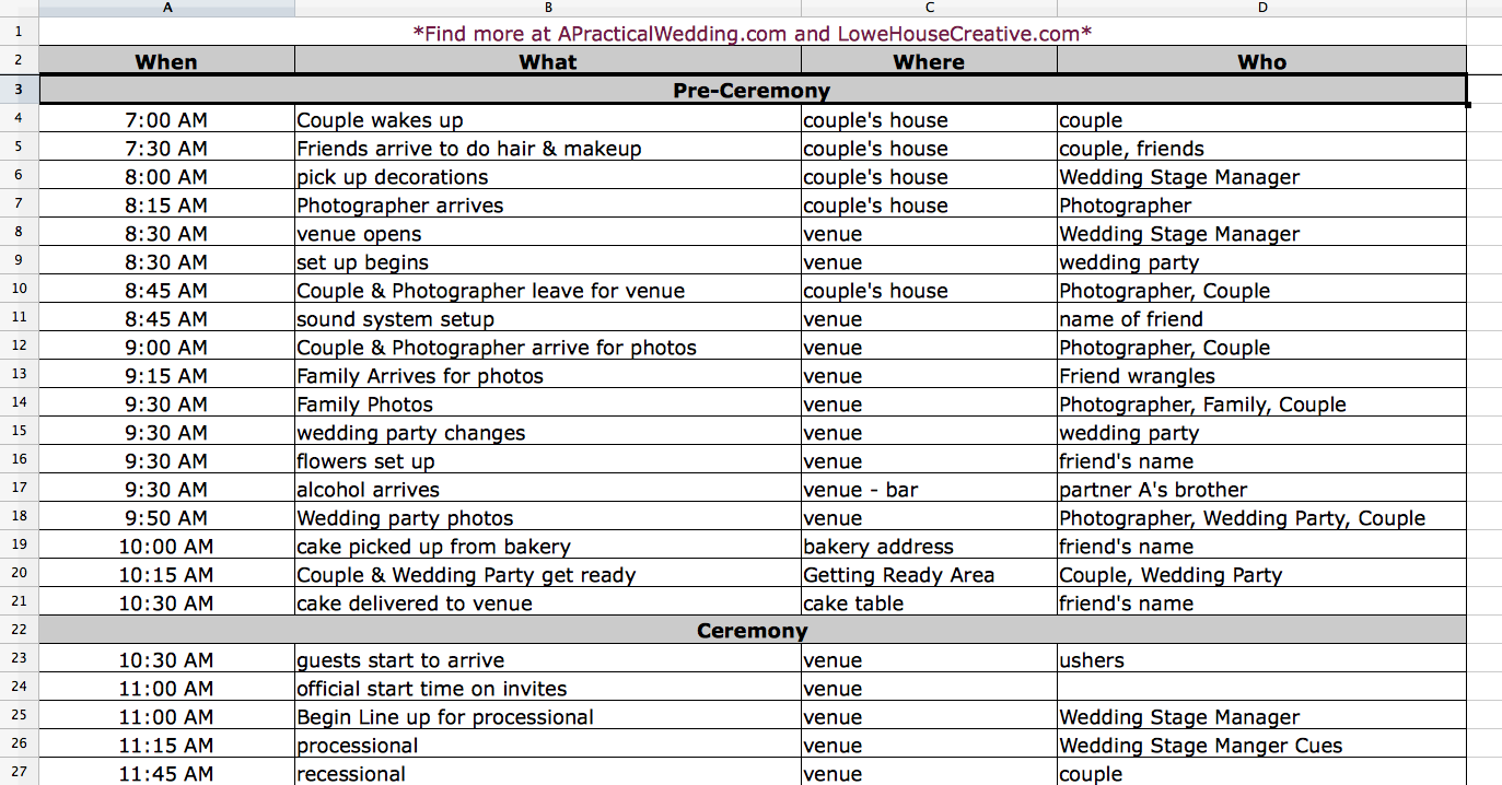Printable Wedding Day Timeline Template Excel
