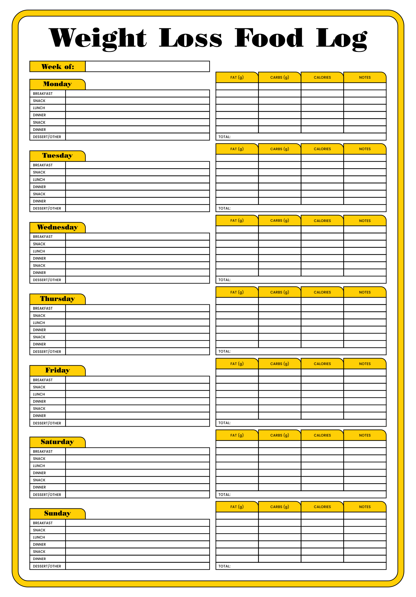 Free Printable Weight Loss Log Sheet