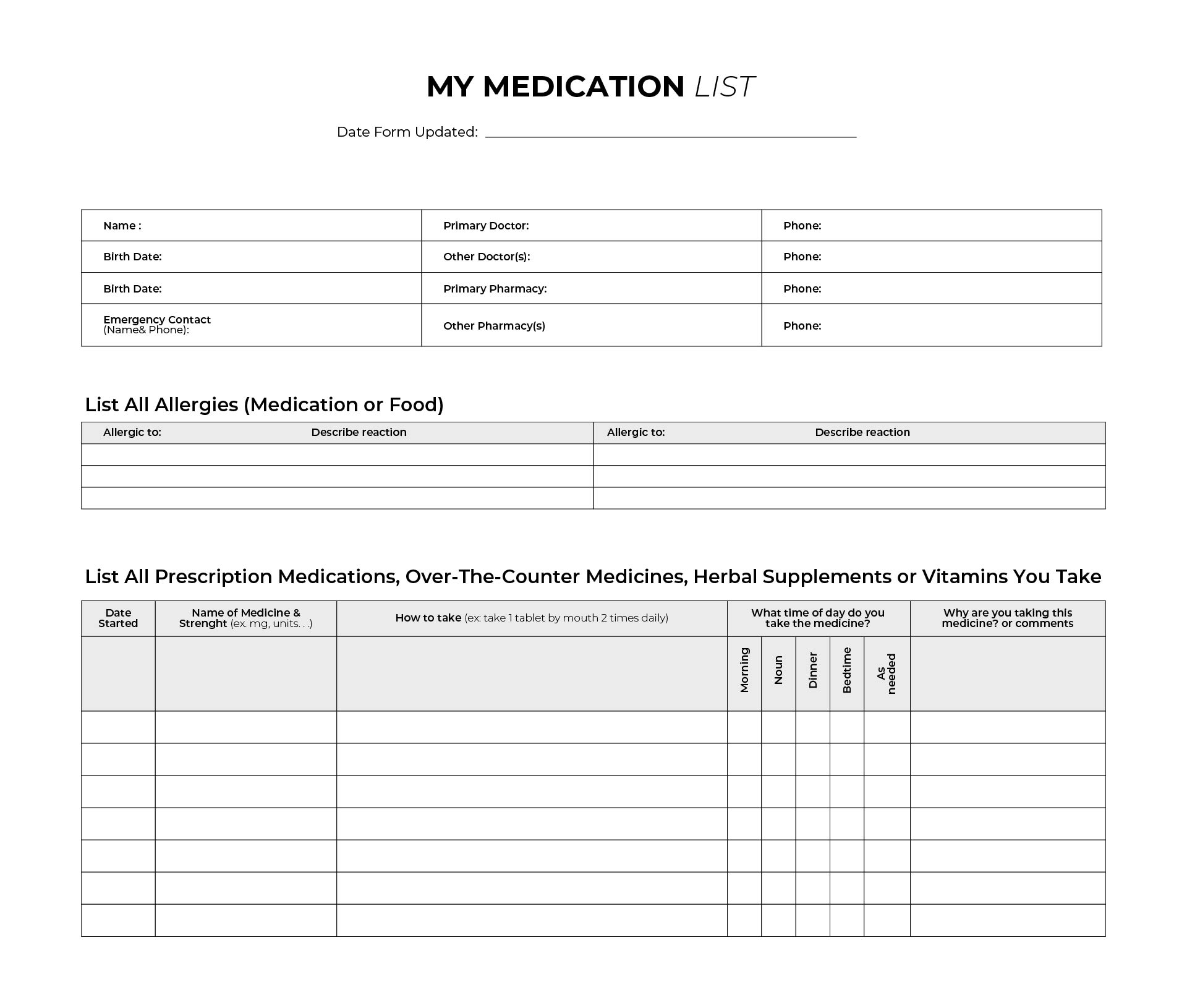 Printable Medication List For Wallet