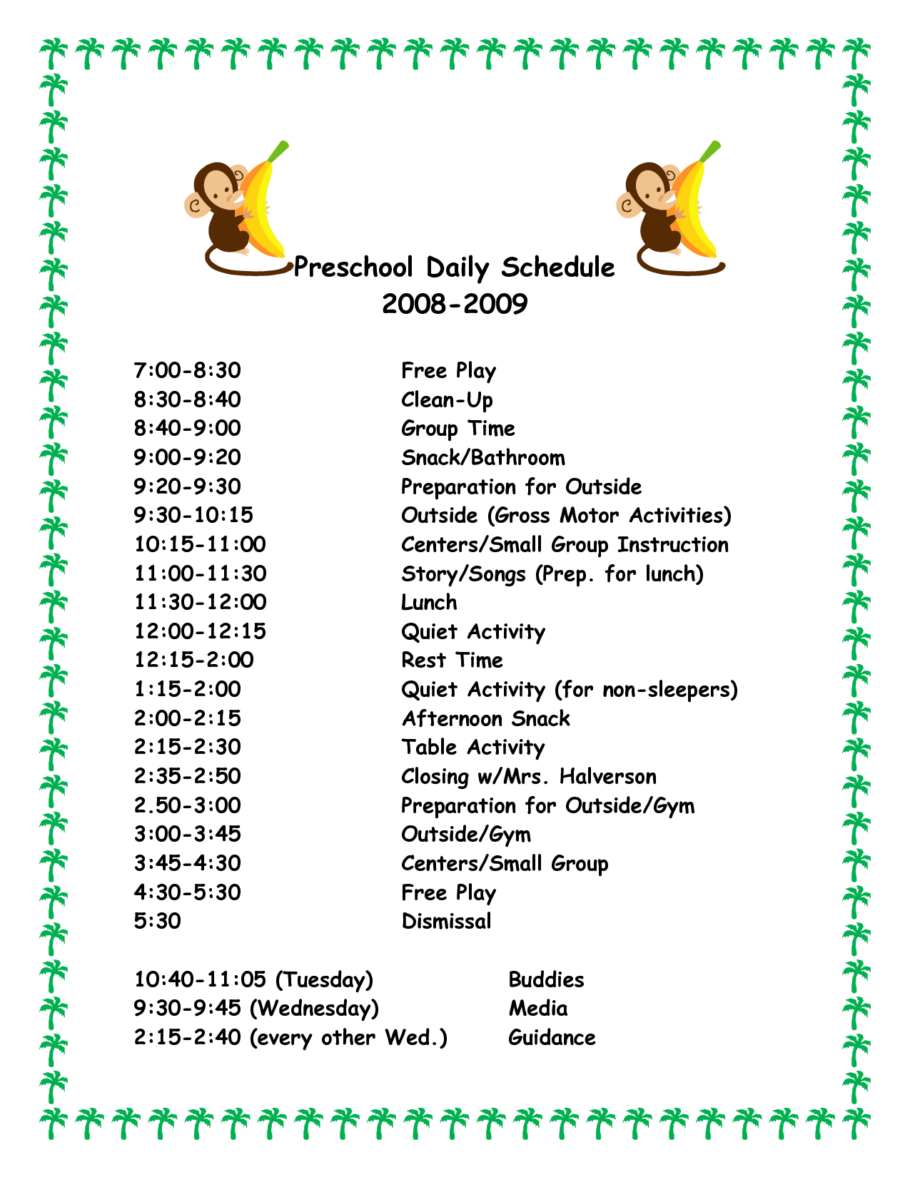 Preschool Daily Schedule Template Printable