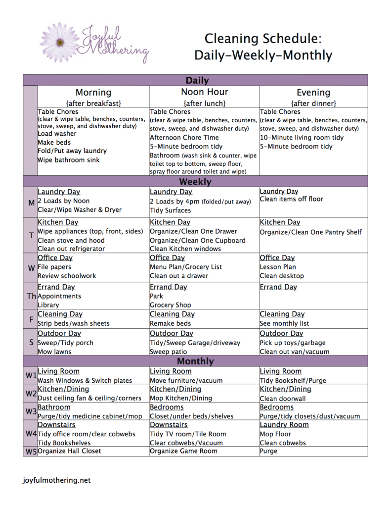 Printable Cleaning Schedule For Working Moms Printable Word Searches