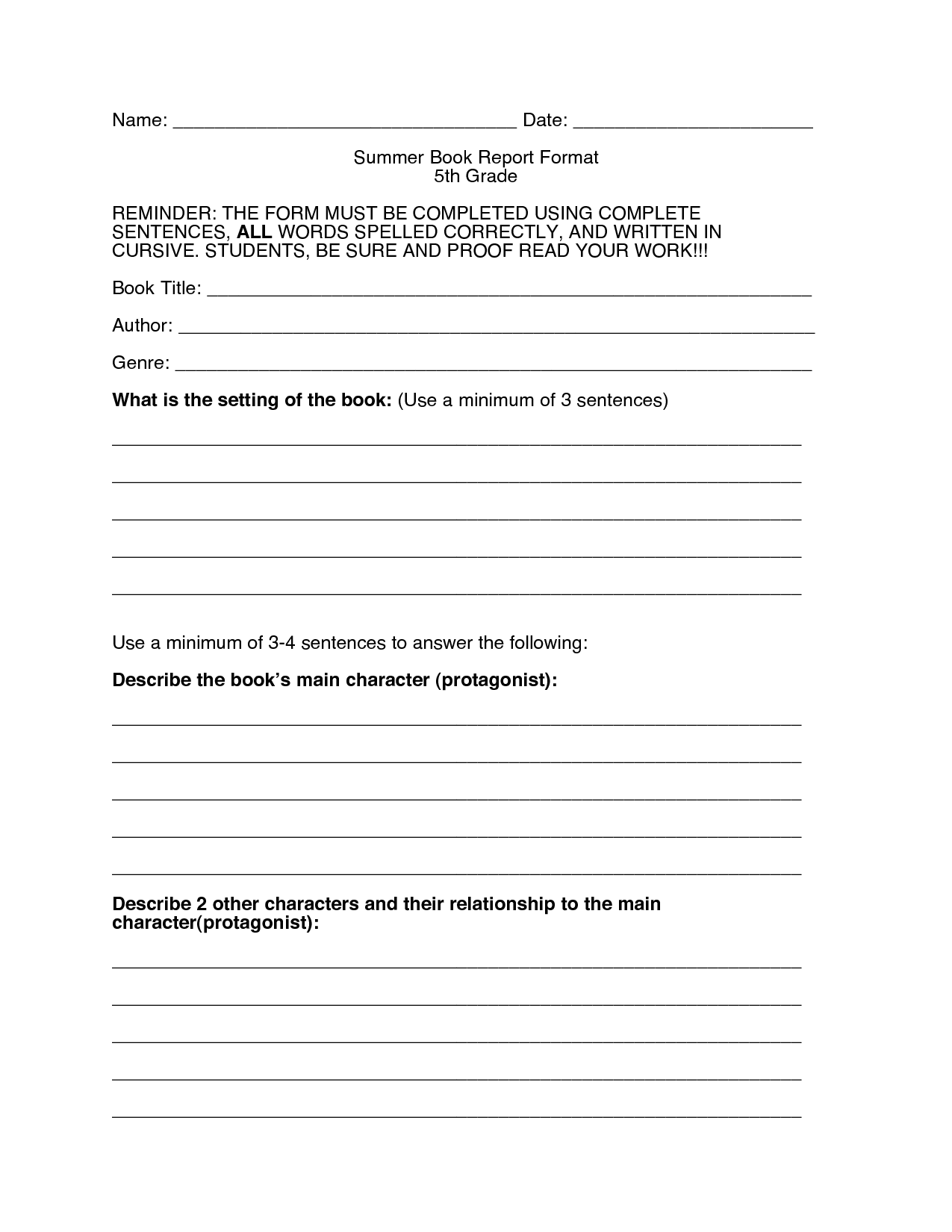 8 Best Images Of 5th Grade Book Report Printables 5th Grade Book Report Elementary Book