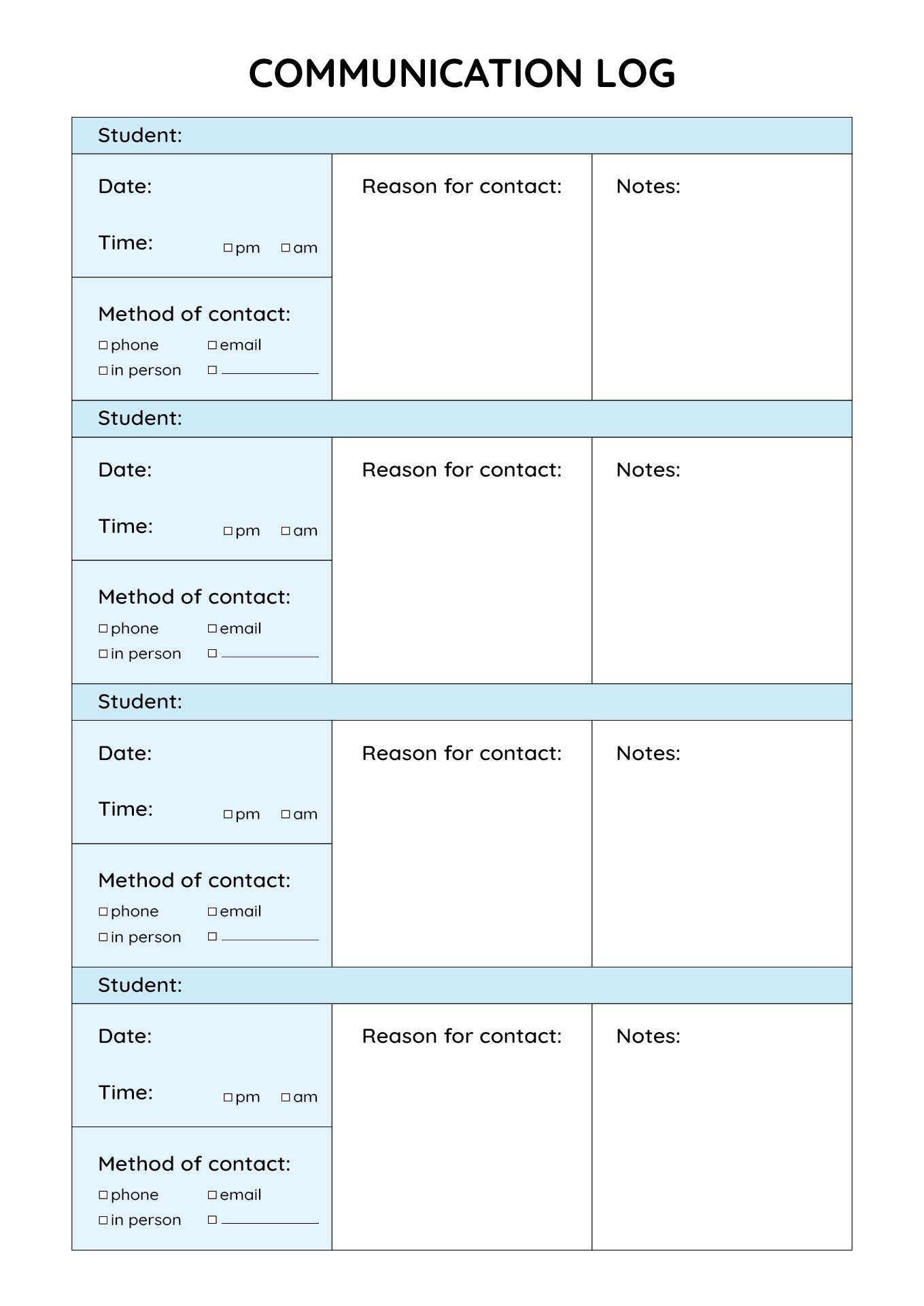 Printable Parent Teacher Communication Log Template Printable Templates