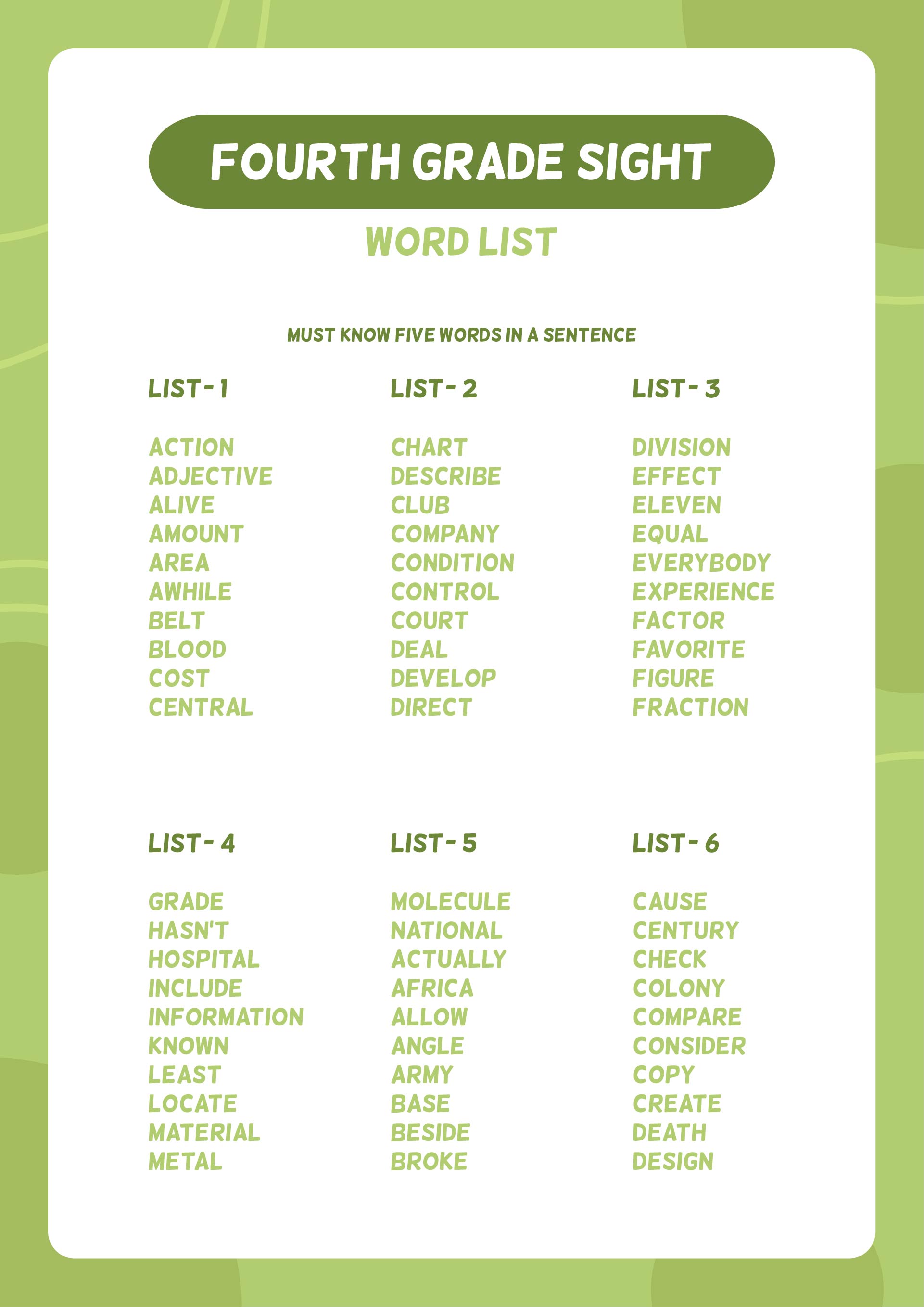 9 Best Images Of Fourth Grade Sight Words Printable 4th Grade Sight 