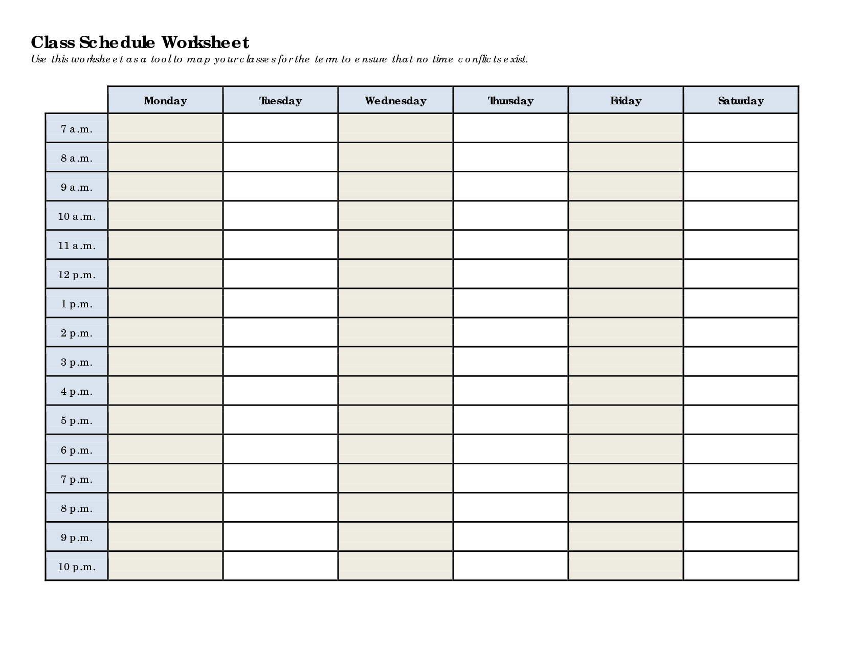 Free Printable Class Specials Schedule Template