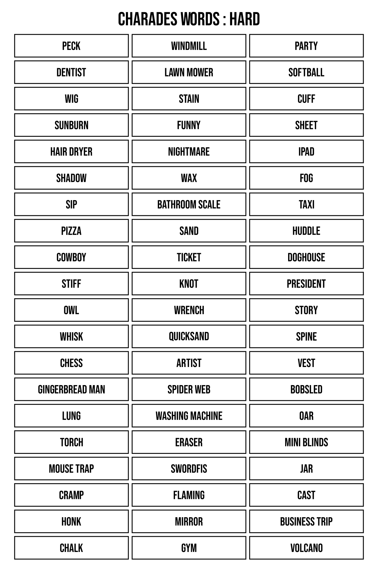 Printable Word List For Charades
