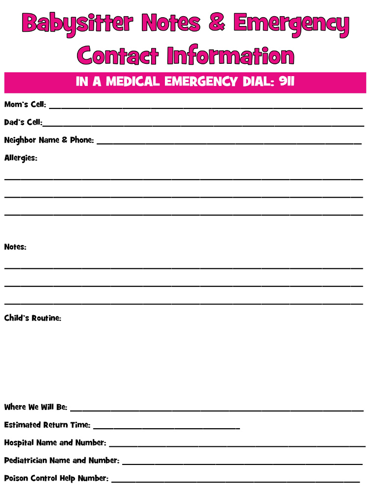 Printable Emergency Contact Form For Babysitter Printable Forms Free Online