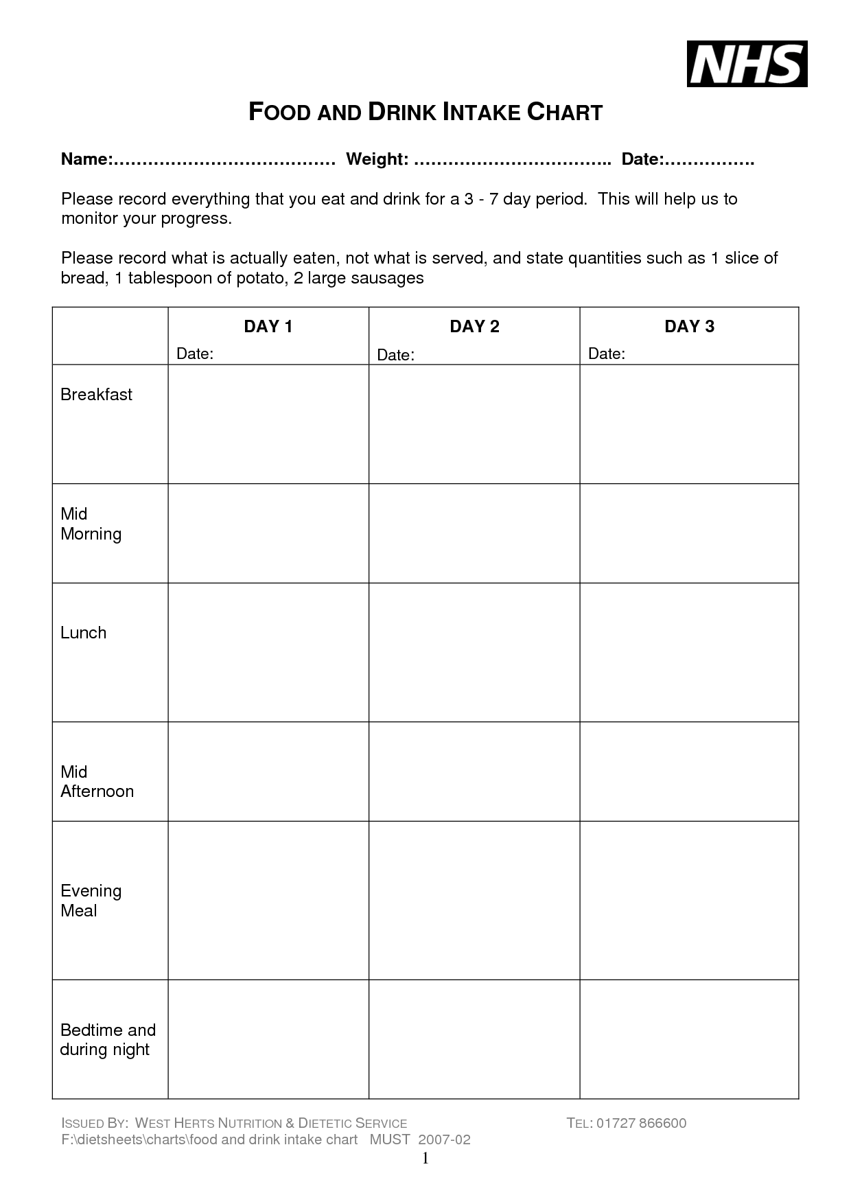 Printable Food Intake Forms Printable Forms Free Online