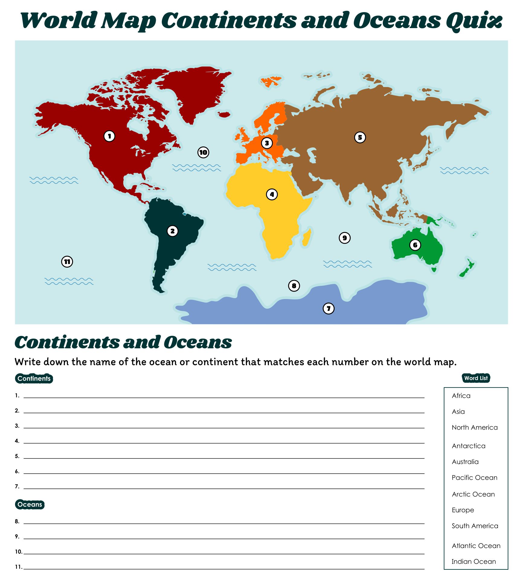 World Map Continents And Oceans Quiz Continents And Oceans World Map