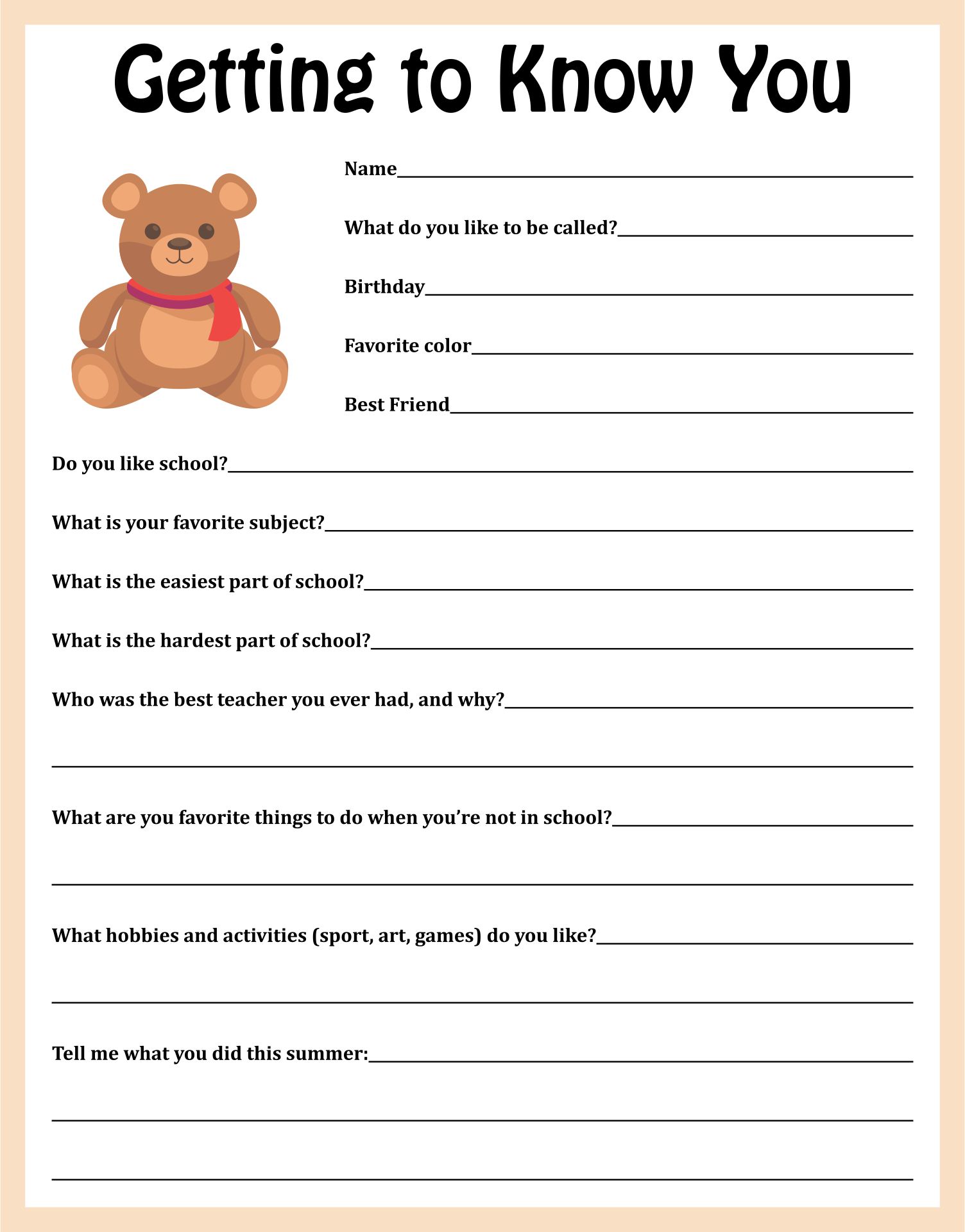 Free Printable Get To Know You Worksheets