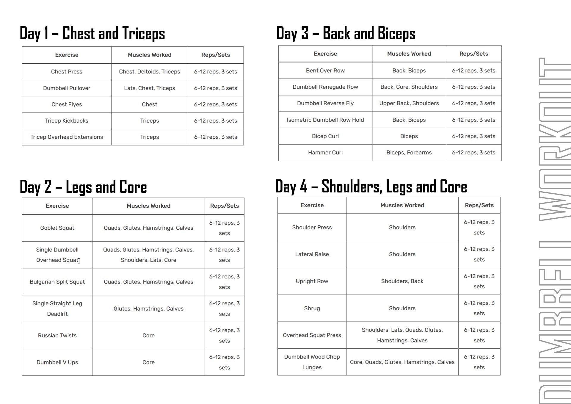 Dumbbell Workout Chart Printable