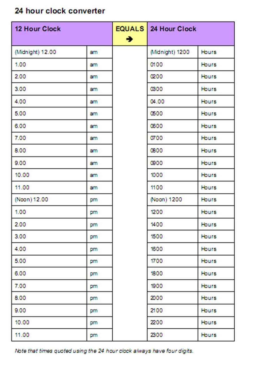 24 Hour Time Chart Printable