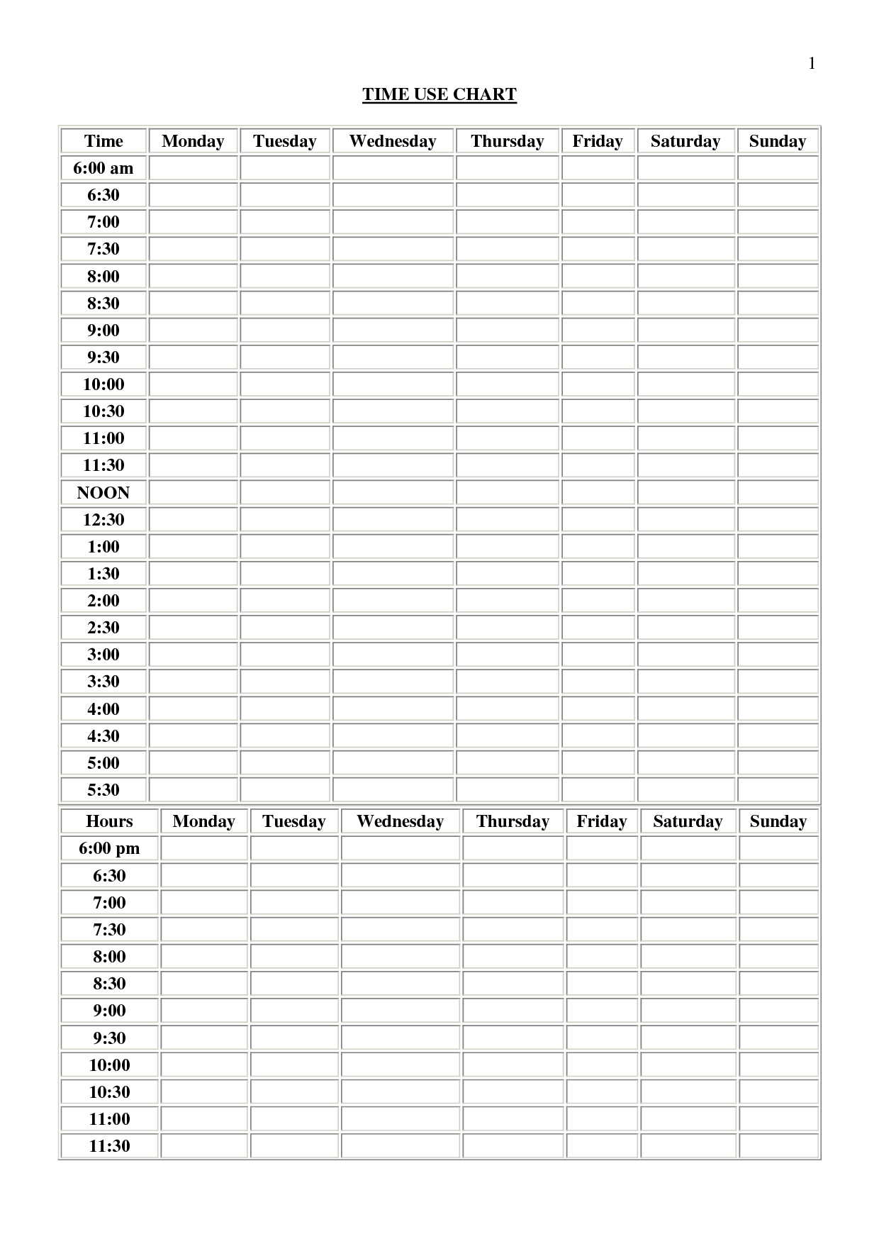 24 Hour Time Management Chart