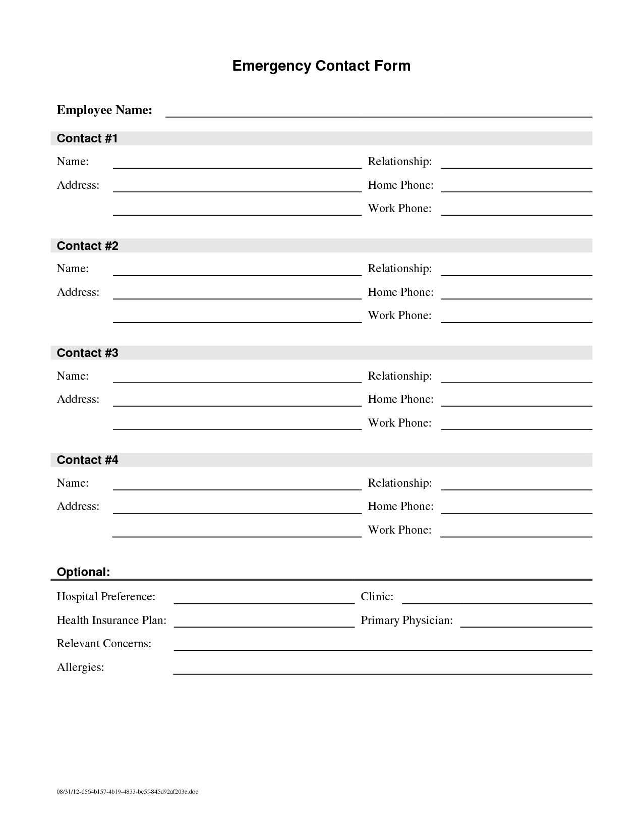 Printable Employee Emergency Contact Form Template Printable Templates