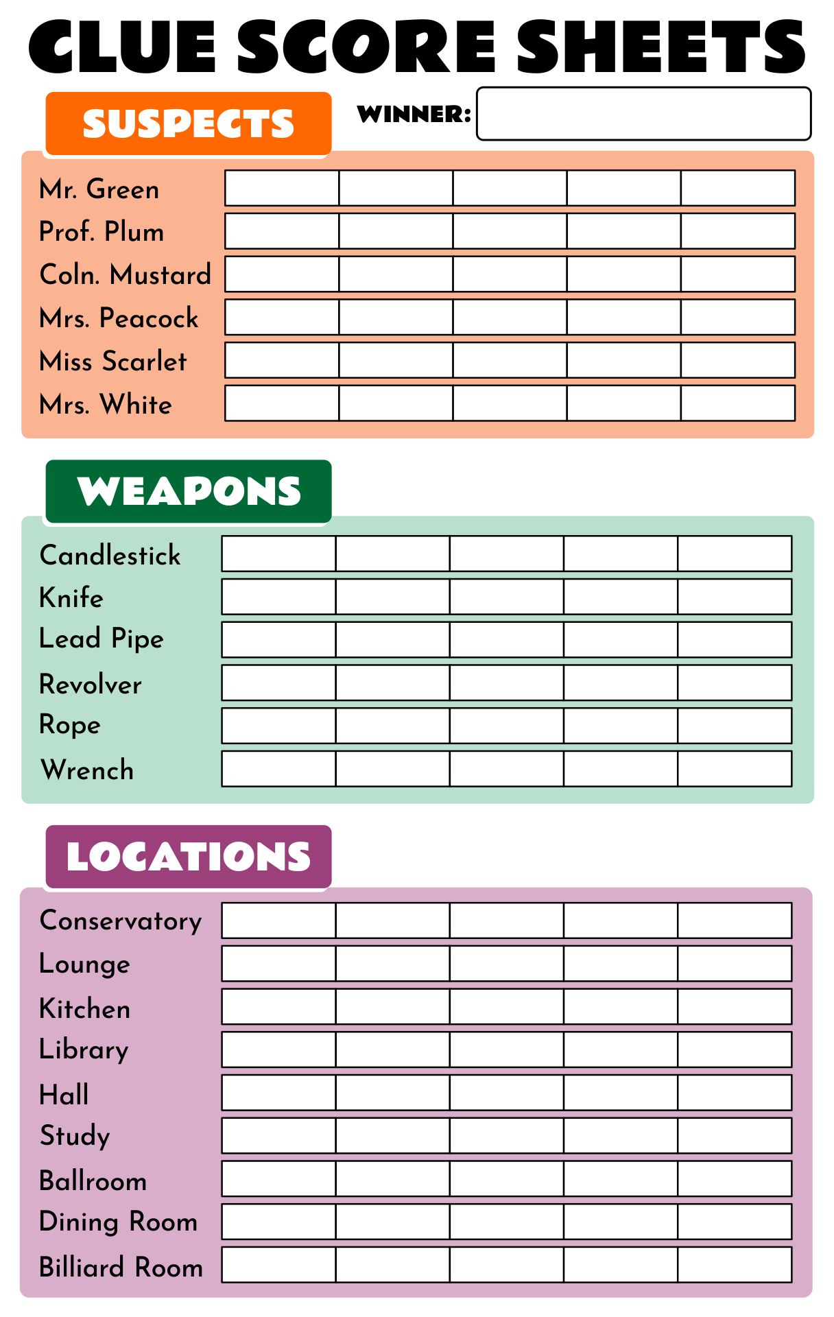 Printable Clue Sheets