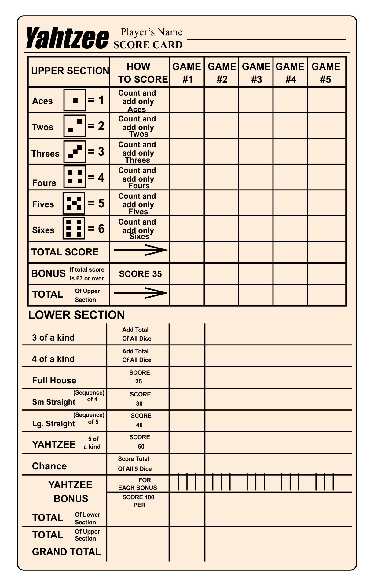Simple Yahtzee Score Card