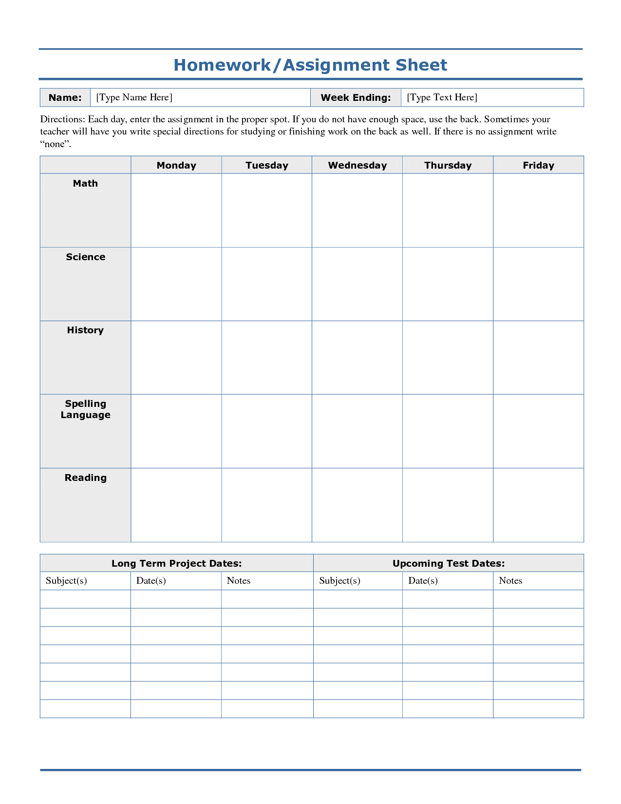 7 Best Images Of Free Printable Assignment Sheets School Assignment 