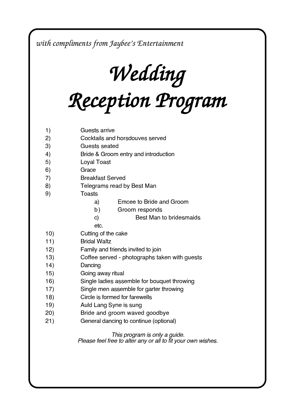 6 Best Images Of Reception Agenda Printable Wedding Reception Program