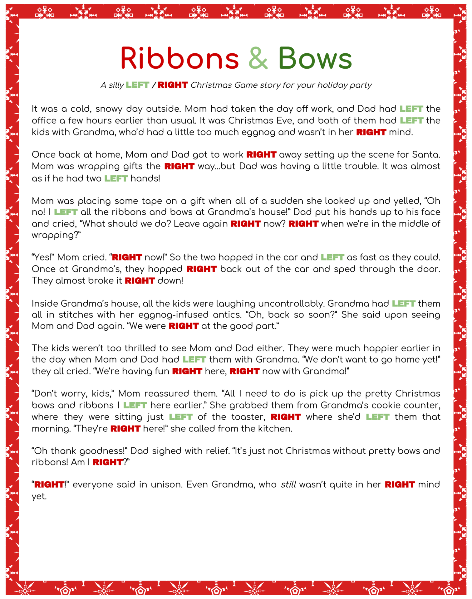 Free Christmas Right Left Game Printable