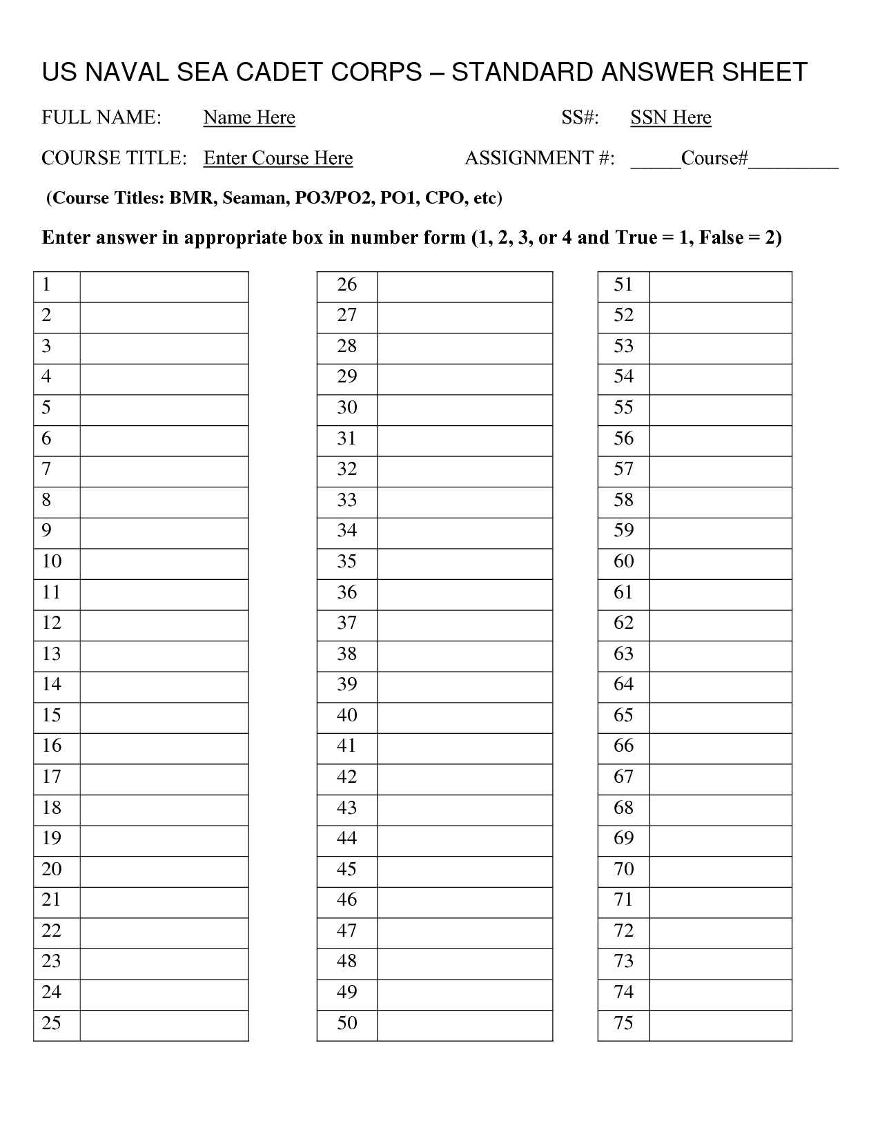 Printable Template For Answer Sheet