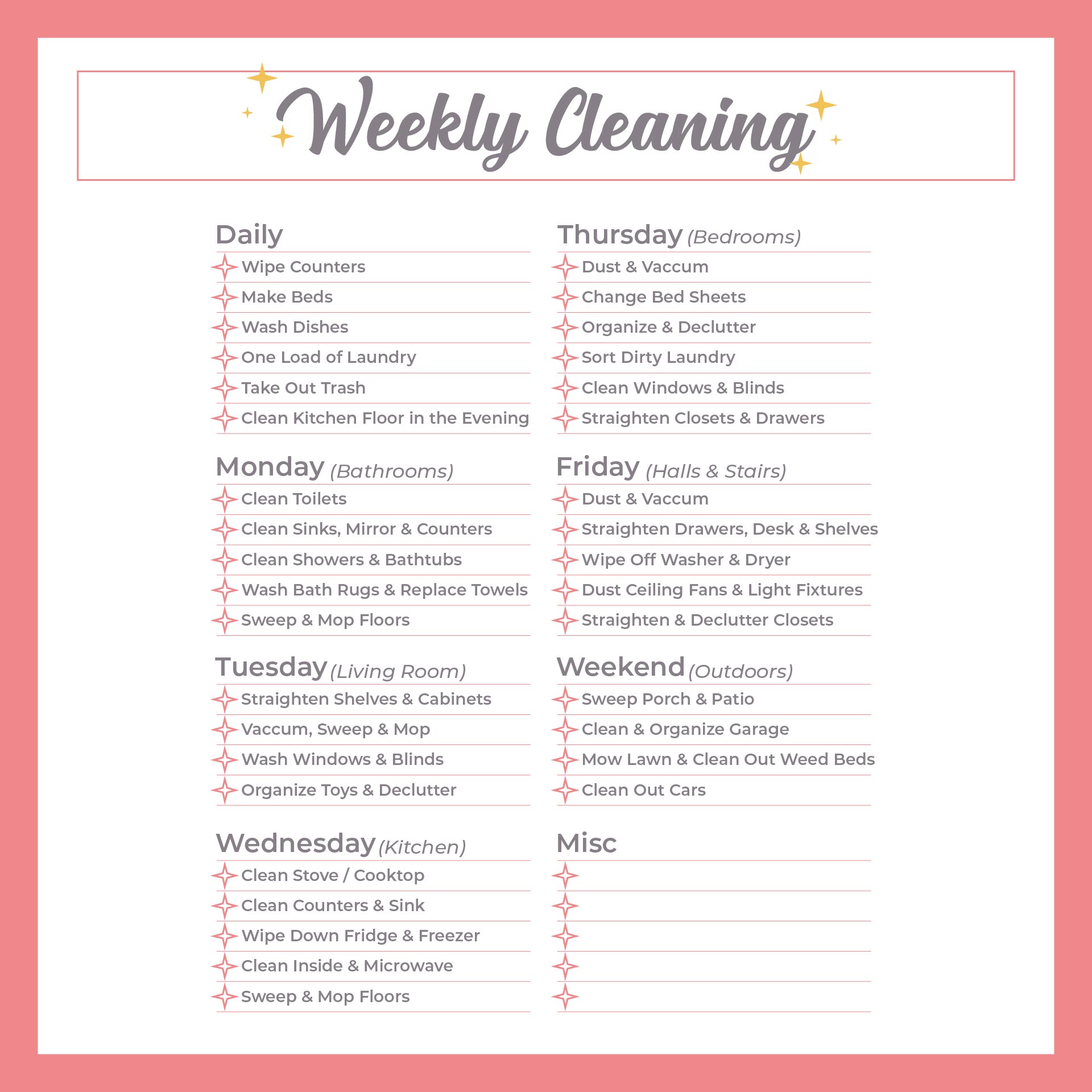  Daily Weekly Monthly Cleaning Checklist Printable