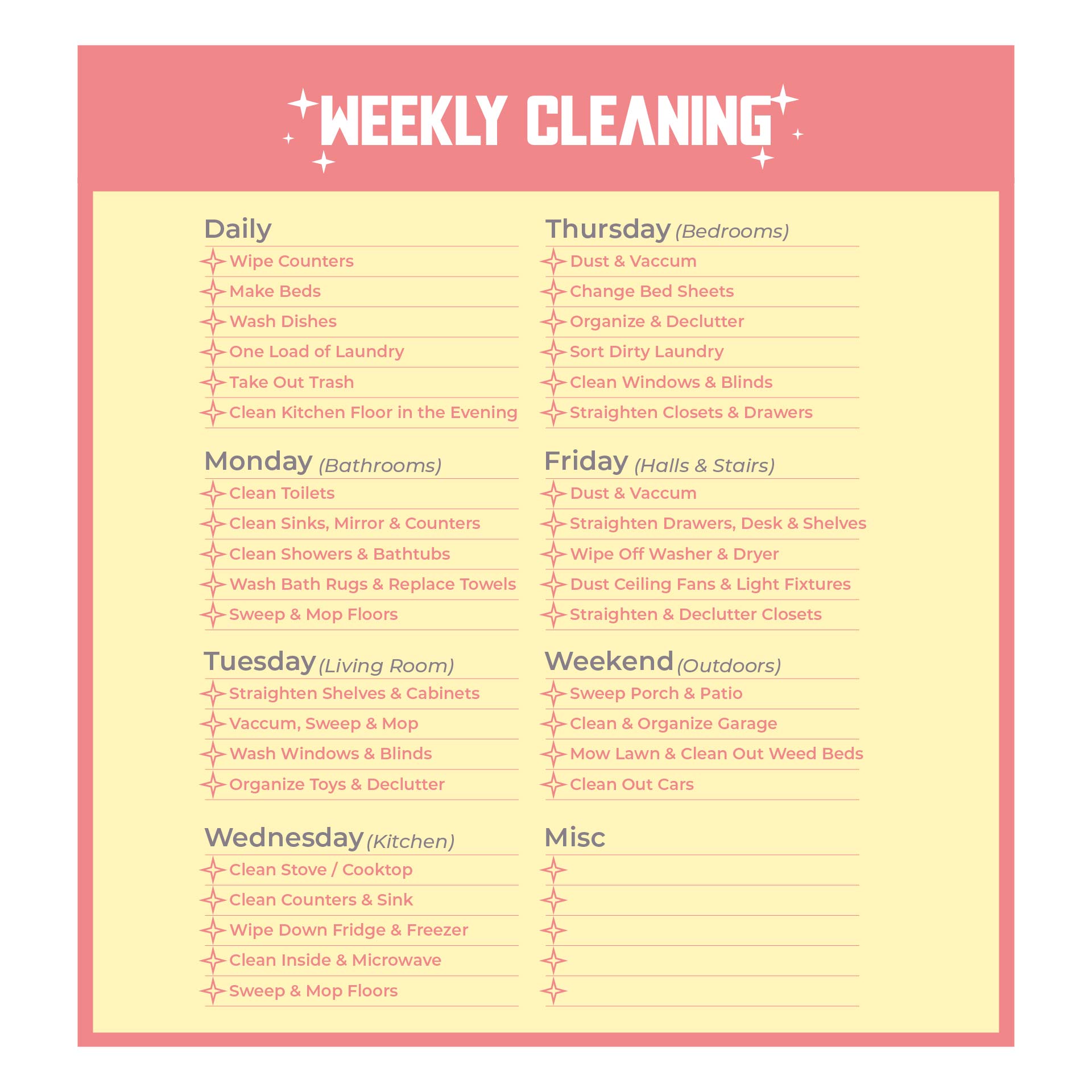 Cleaning Schedule Chart Printable
