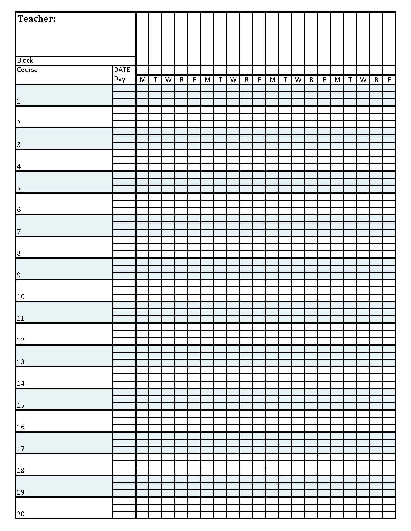 Free Printable Teacher Gradebook Template