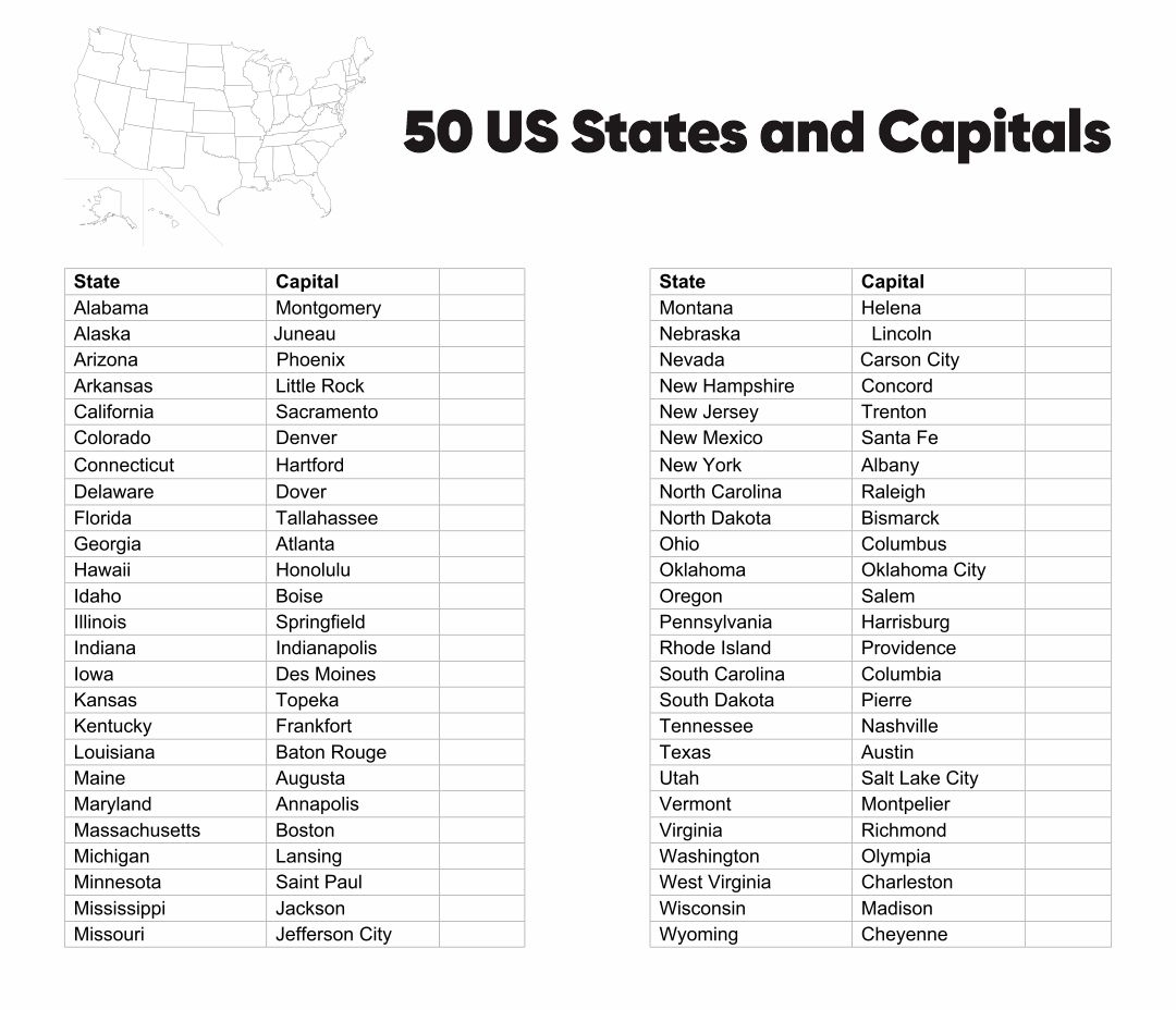 Printable List Of 50 Us States In Alphabetical Order