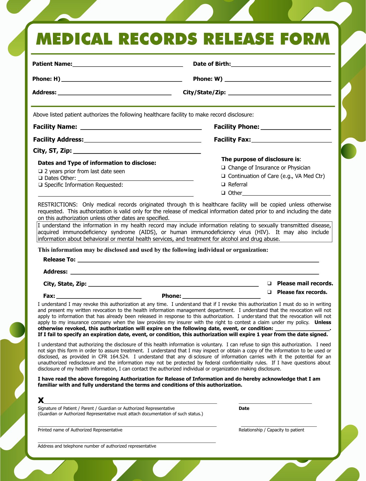 Medical Records Release Form Template Free Printable Templates