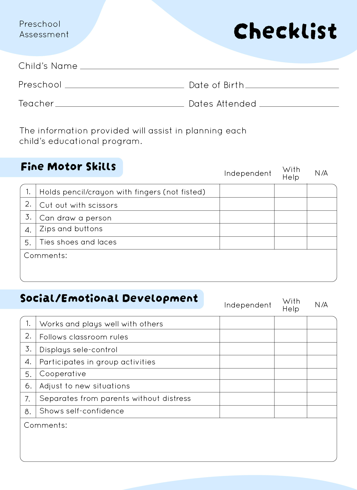 6 Best Images Of Printable Preschool Assessment Skills Kindergarten 