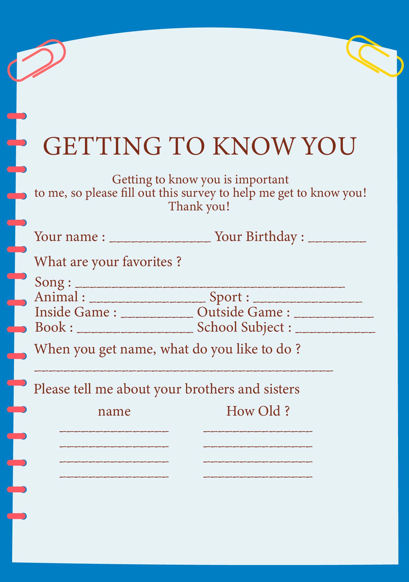 Get To Know You Worksheet Kindergarten