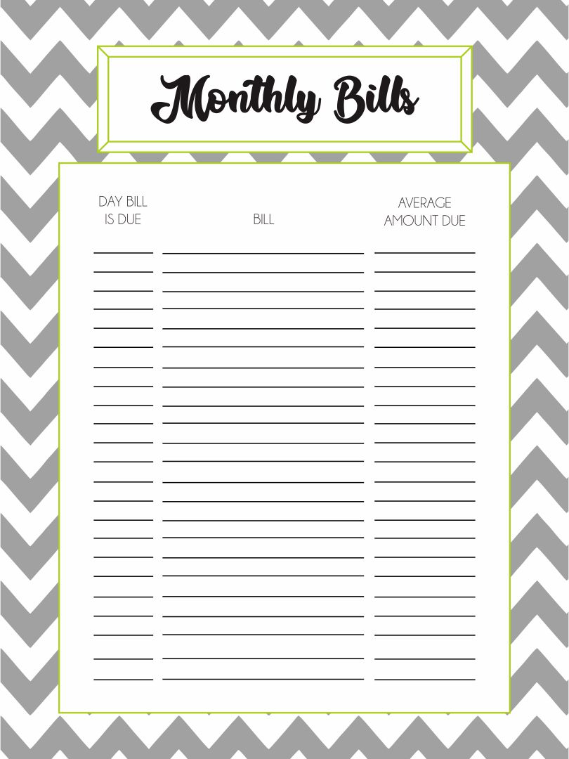 Monthly Bills Template Free Printable