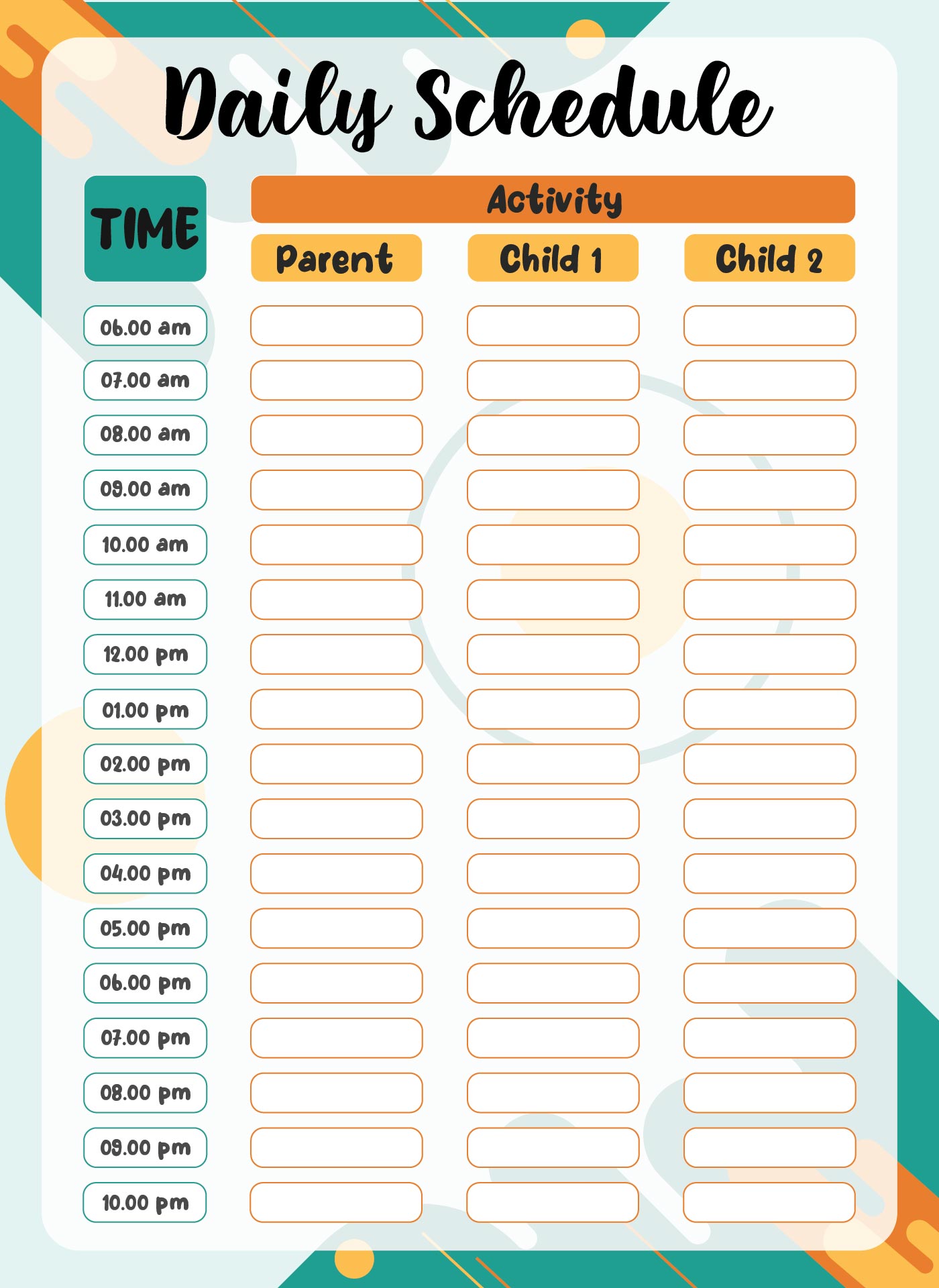 24 Hour Daily Schedule Printable