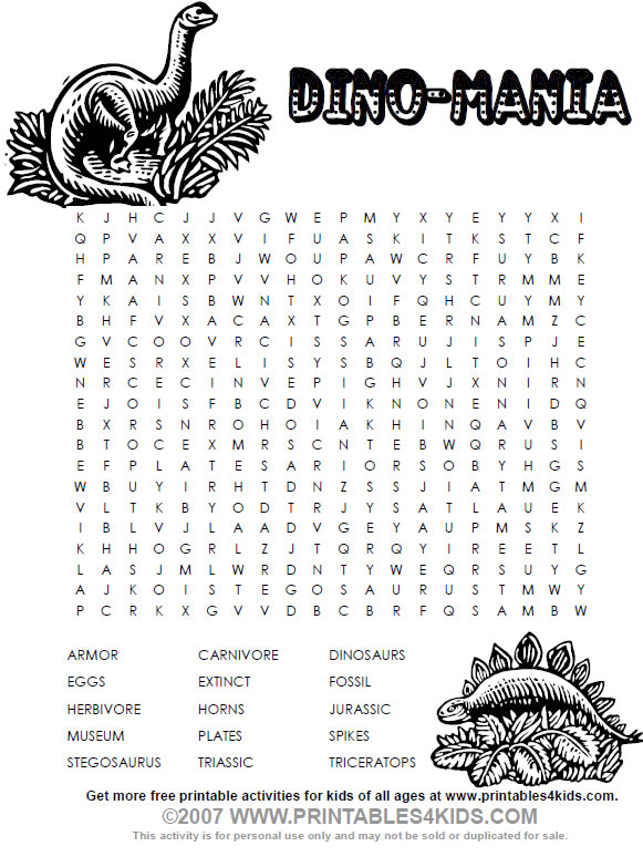 Dinosaur Word Search Printable