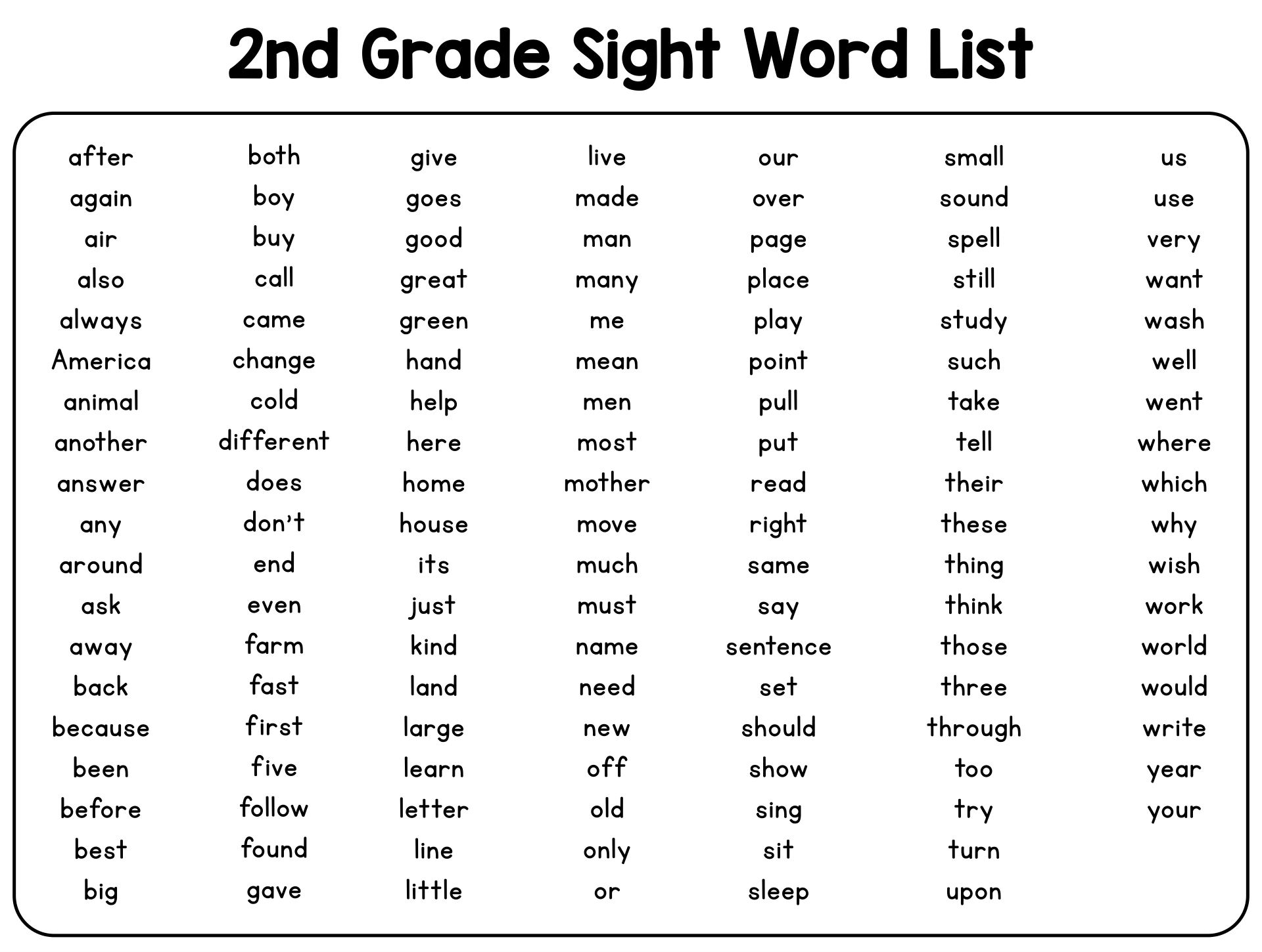 Free Printable Sight Words For 2nd Grade