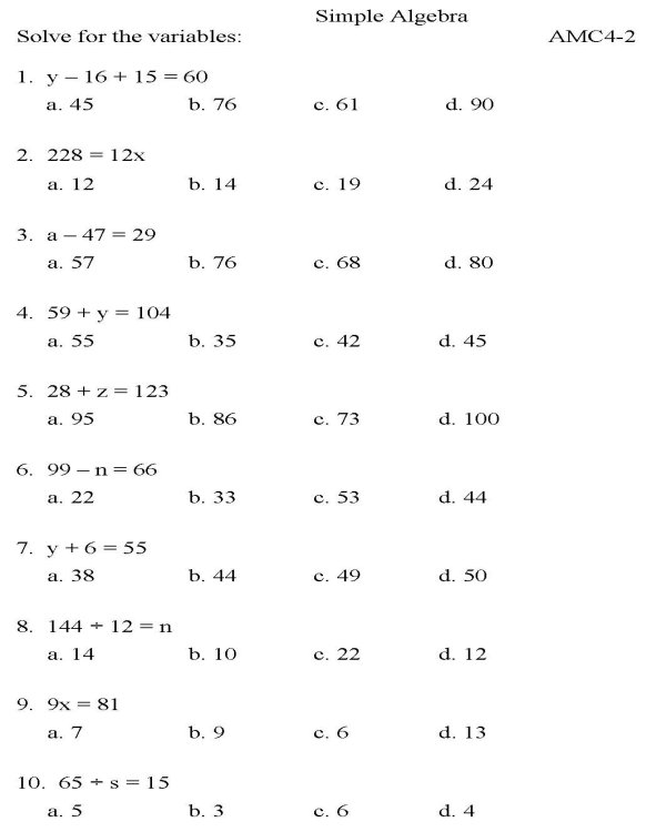 Printable Algebra Worksheets