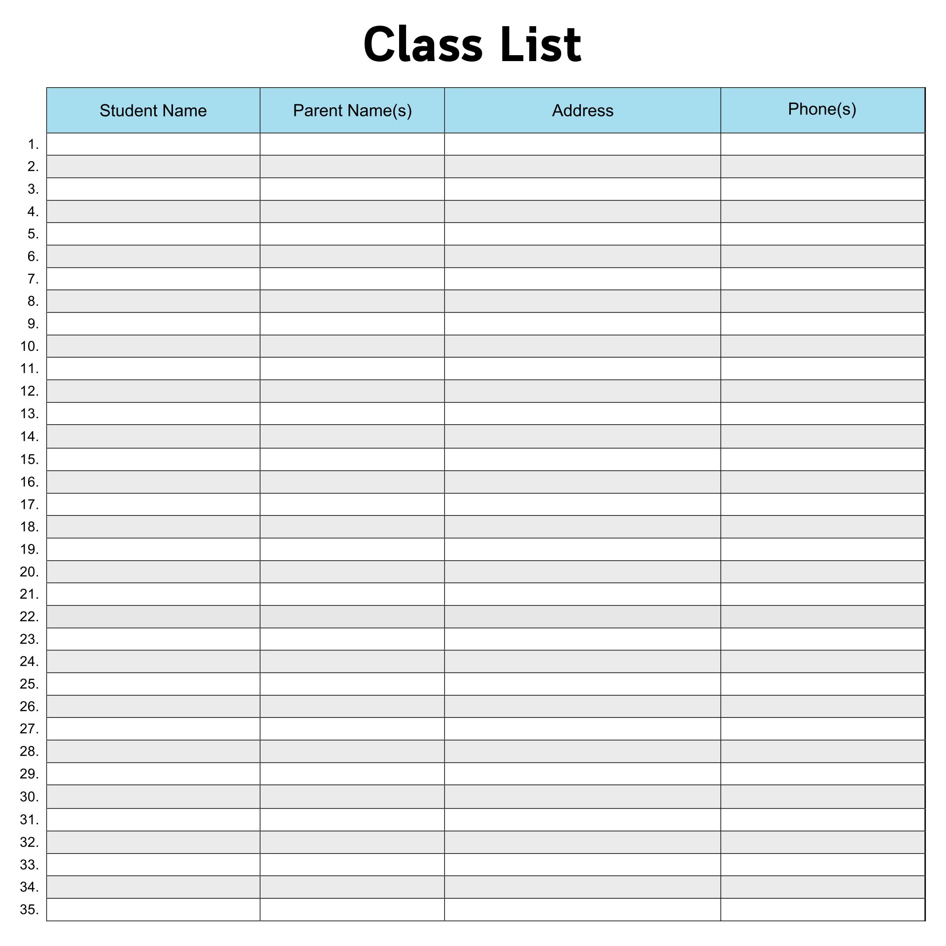 Printable Blank Class List Template Free