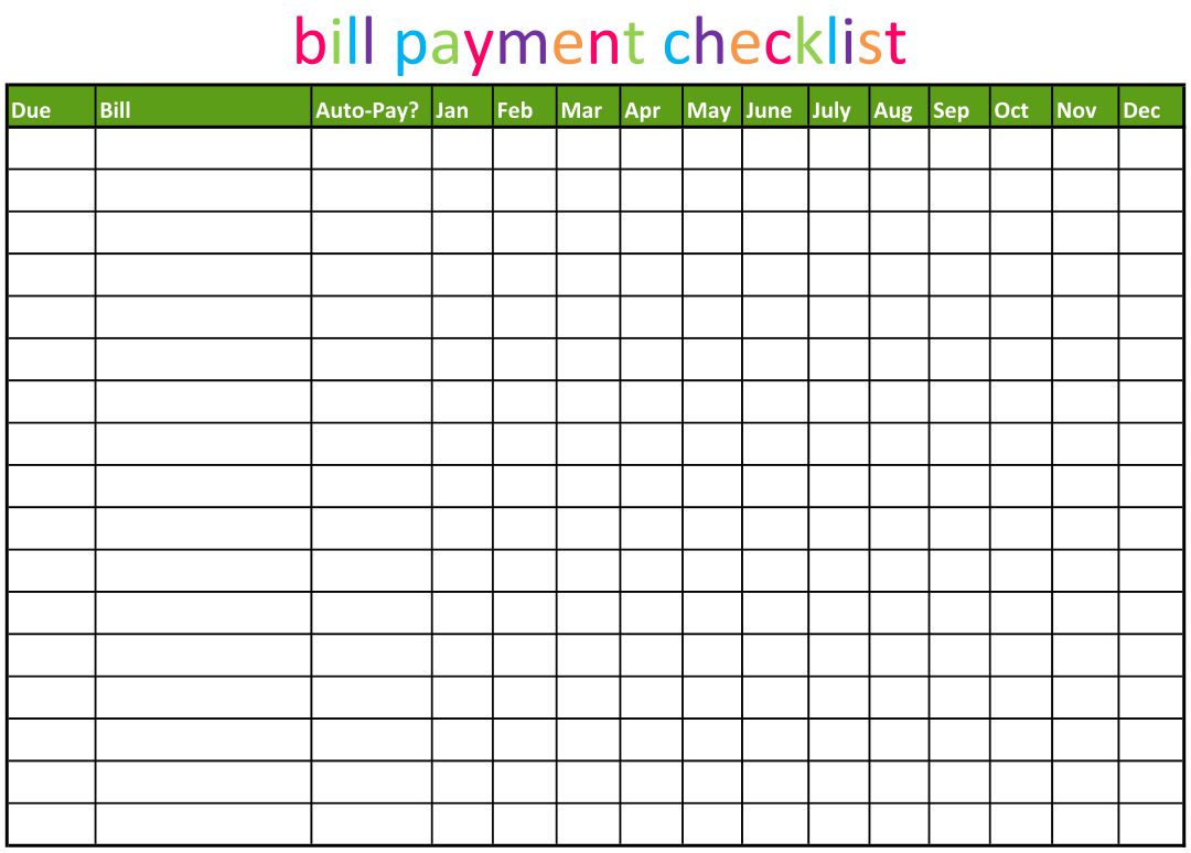 Printable Monthly Bill Chart