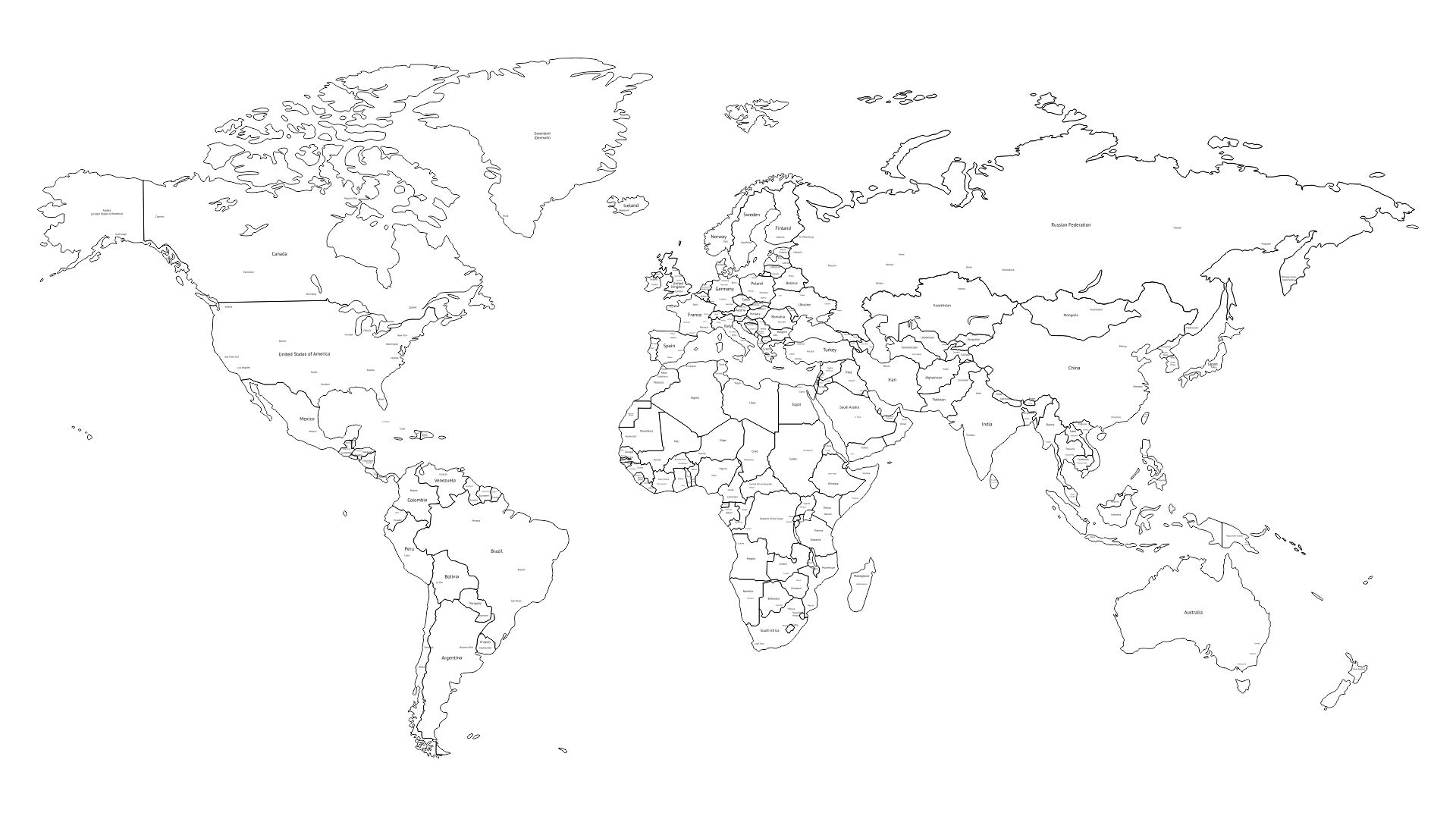 world map black and white outline with countries