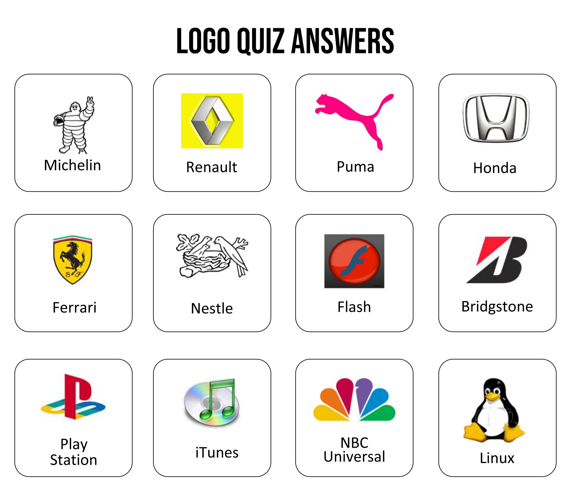 50 Logo Quiz Questions + 5 Fun Printable Picture Rounds: 2024 | Logo quiz,  Guess the logo, Logo quiz answers