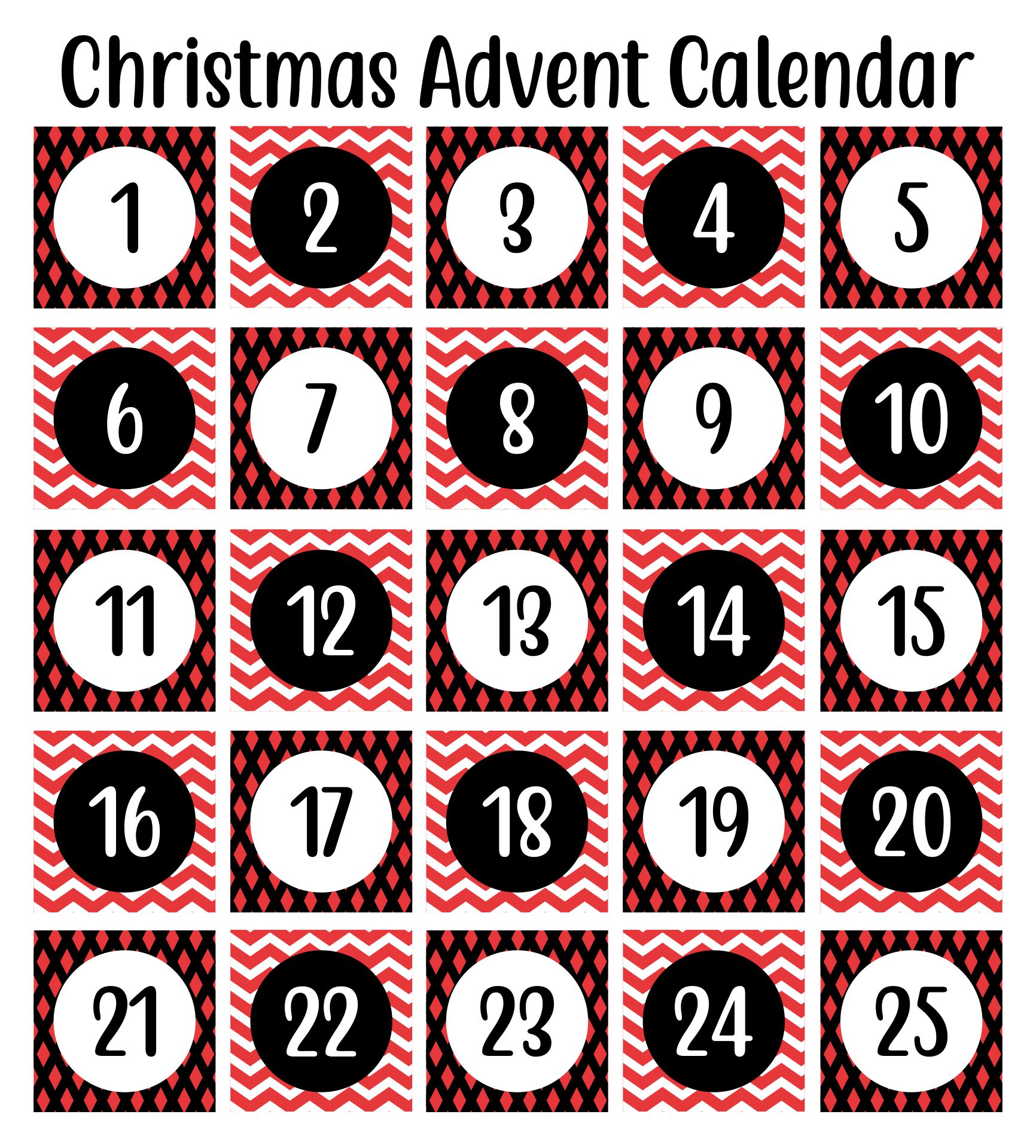 Printable Christmas Advent Calendar With Red Black And White