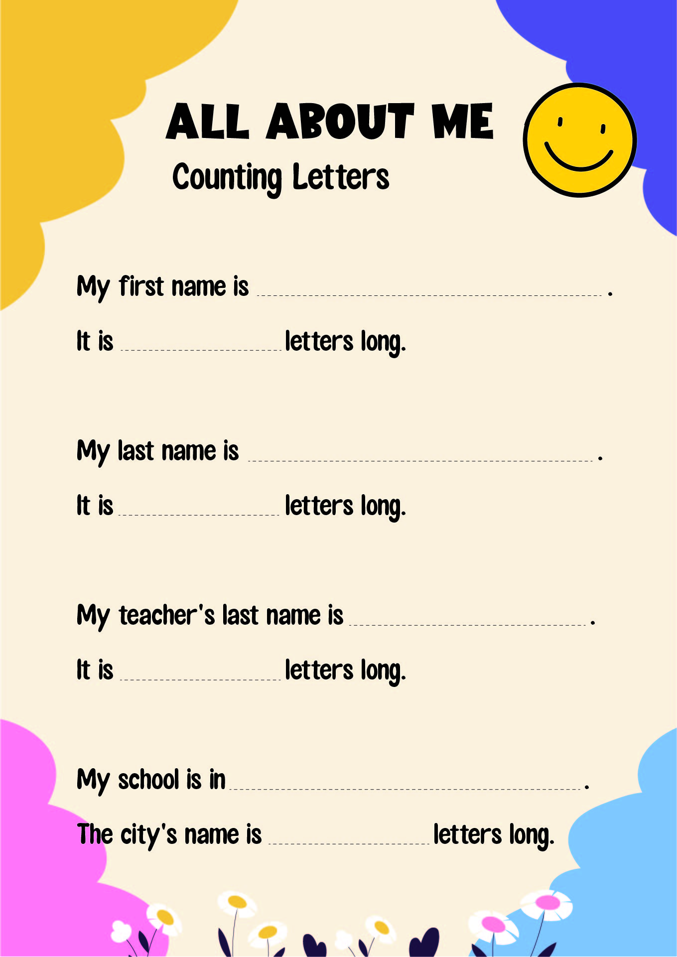 Printable All About Me Counting Letters Worksheet