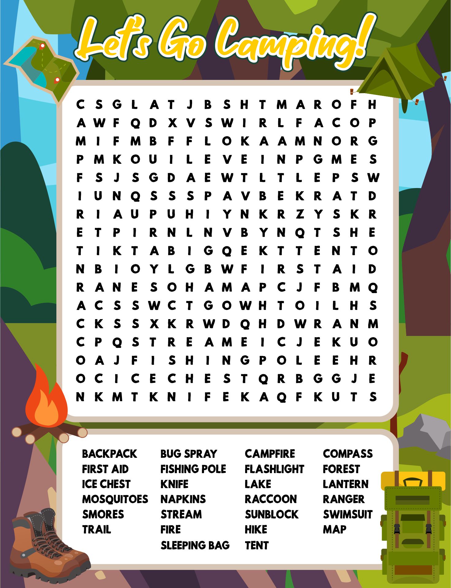 Lets Go Camping Word Search Printable