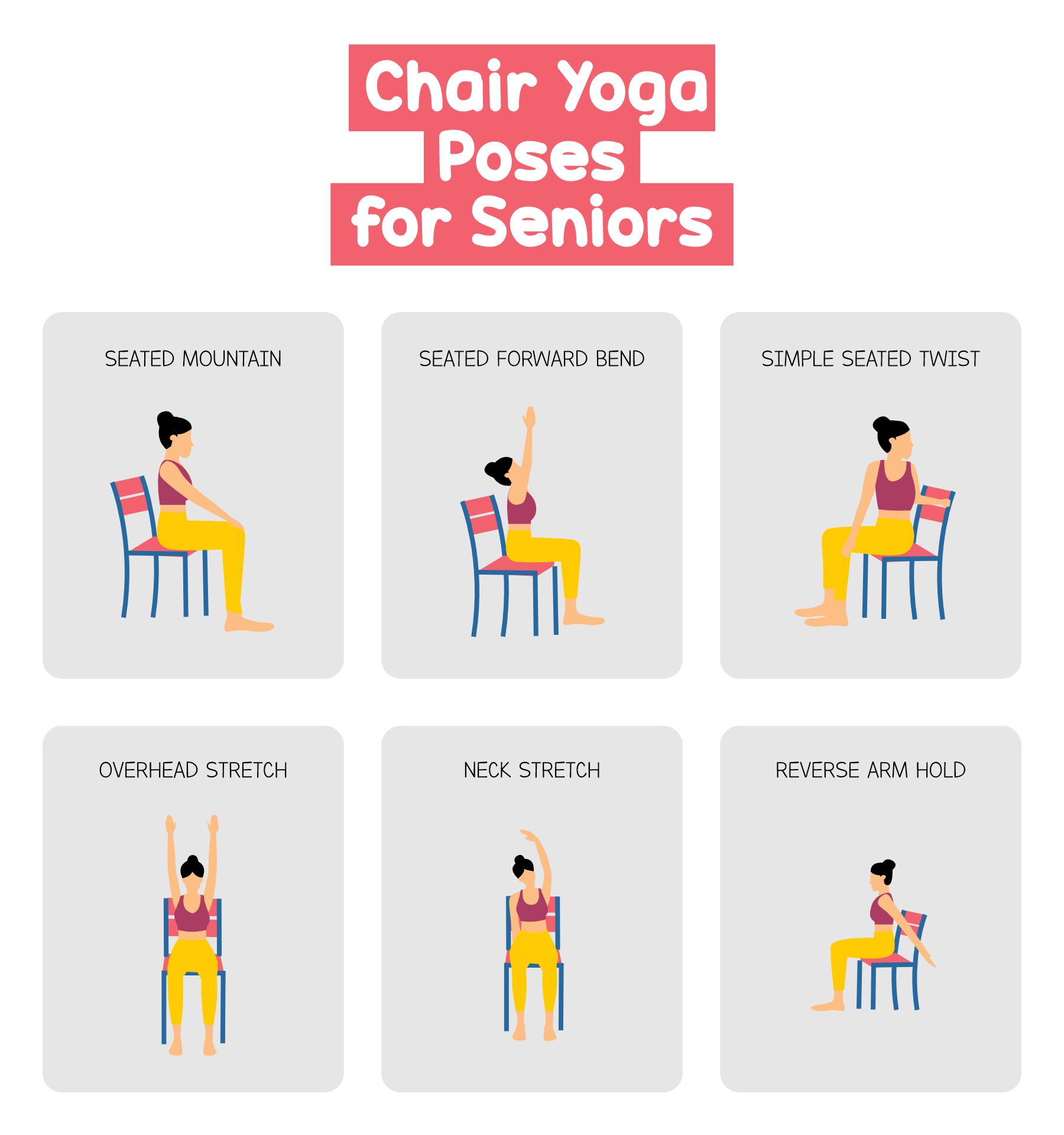 Printable Chair Yoga Poses | Chair exercises, Chair yoga, Senior fitness