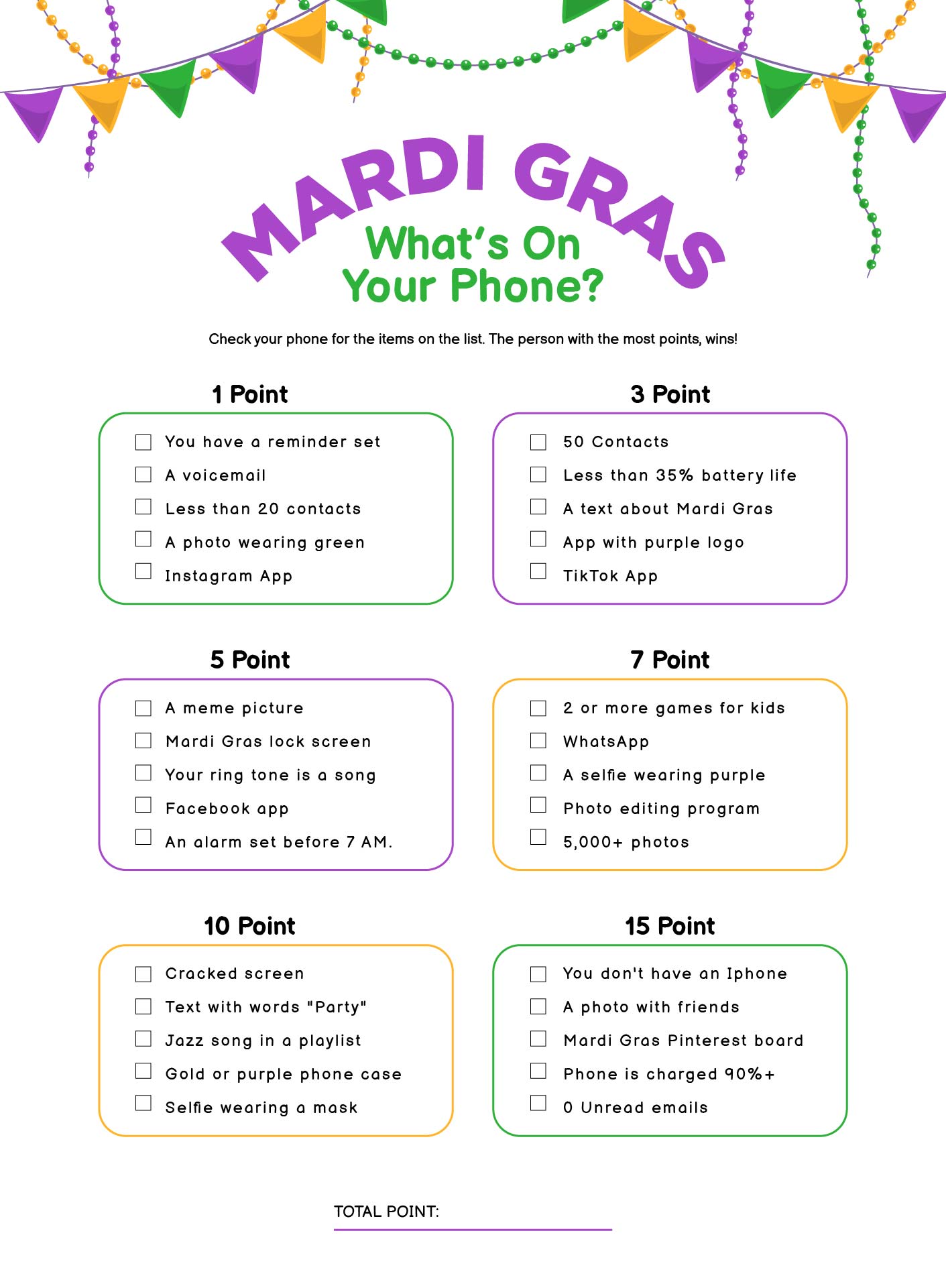 Mardi Gras Whats In Your Phone Game Printable
