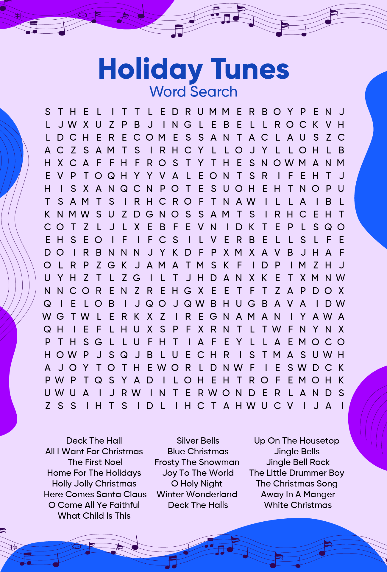 Holiday Tunes Word Search Printable